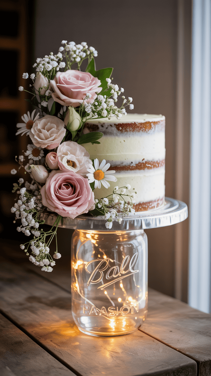 A mason jar cake stand featuring a decorated cake with flowers on top.
