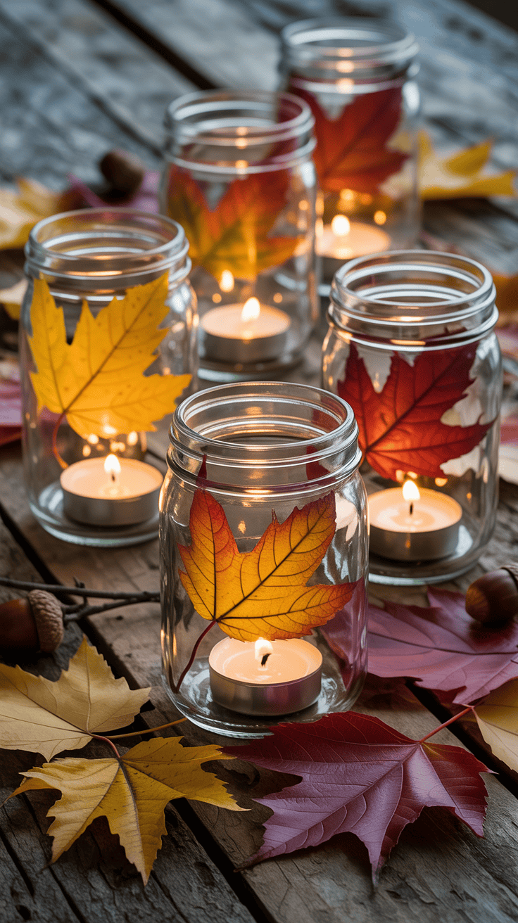 Mason jars decorated with autumn leaves and candles