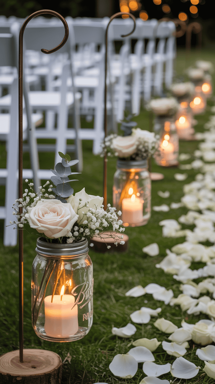 Mason jar lanterns with candles and flowers lining a wedding aisle