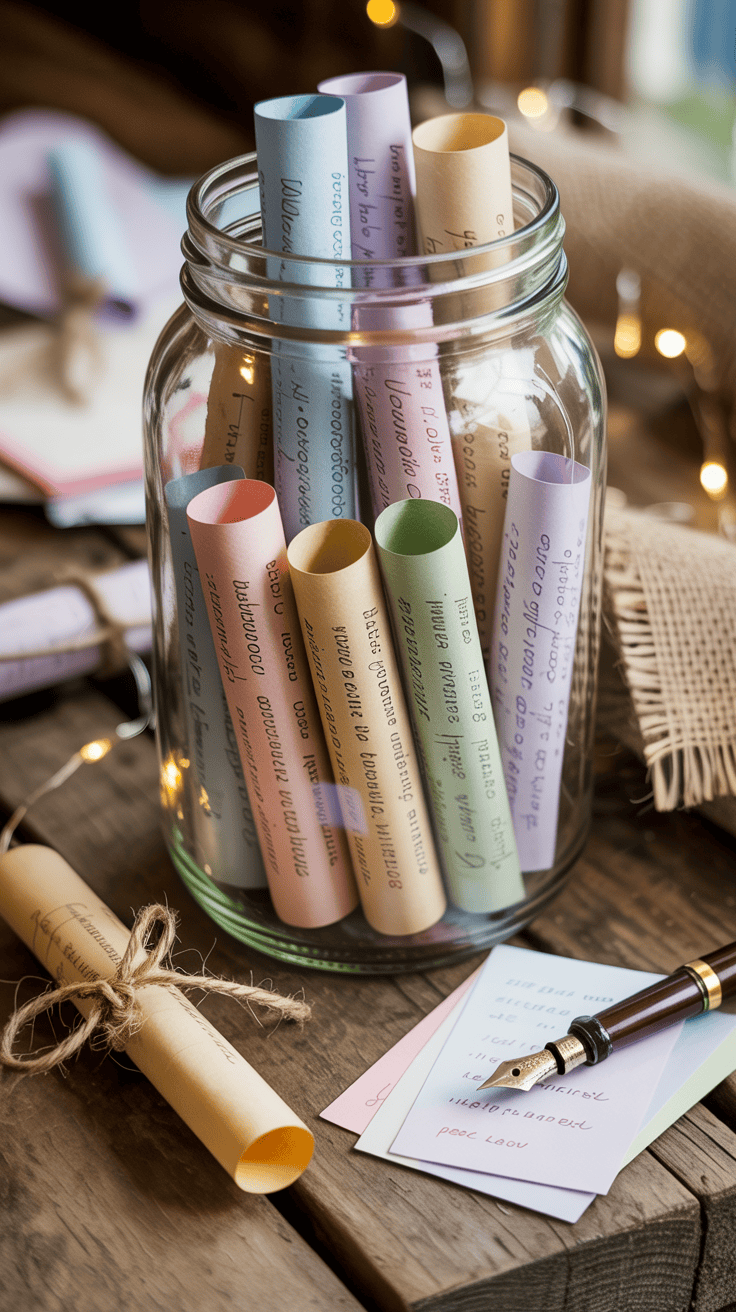 A mason jar filled with handwritten notes for a guestbook alternative.