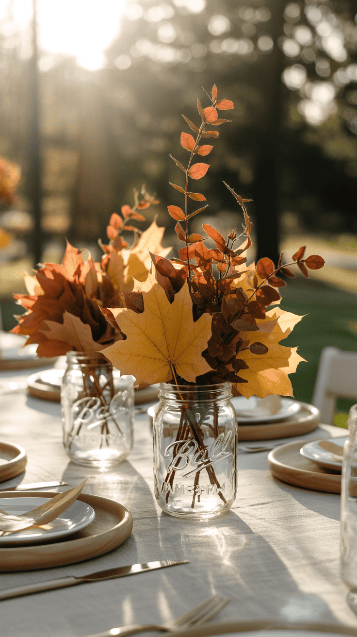 Mason jars filled with autumn leaves as centerpieces on a table