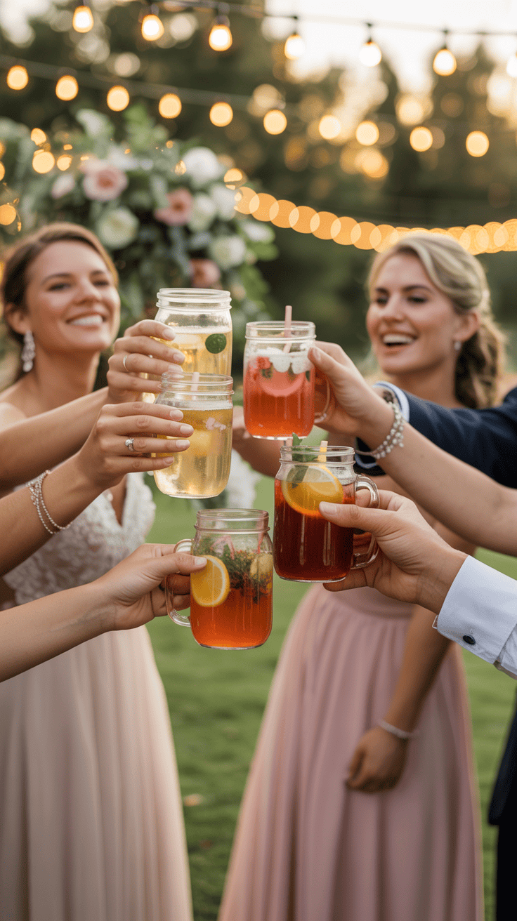 Guests holding mason jars filled with drinks at a wedding celebration