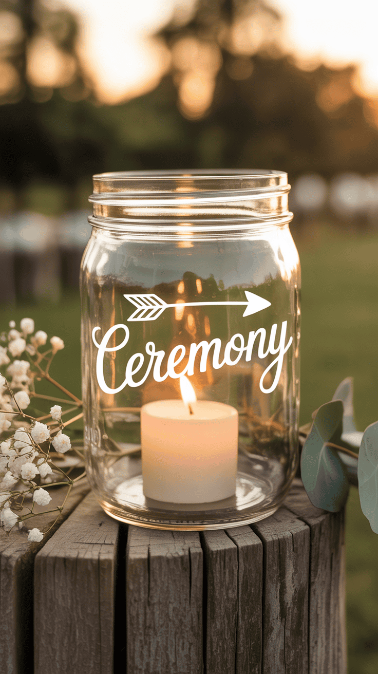Mason jar wedding signage with directional arrows and a candle inside