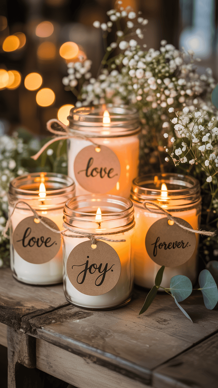 Mason jar scented candles with labels and twine, creating a warm wedding atmosphere.