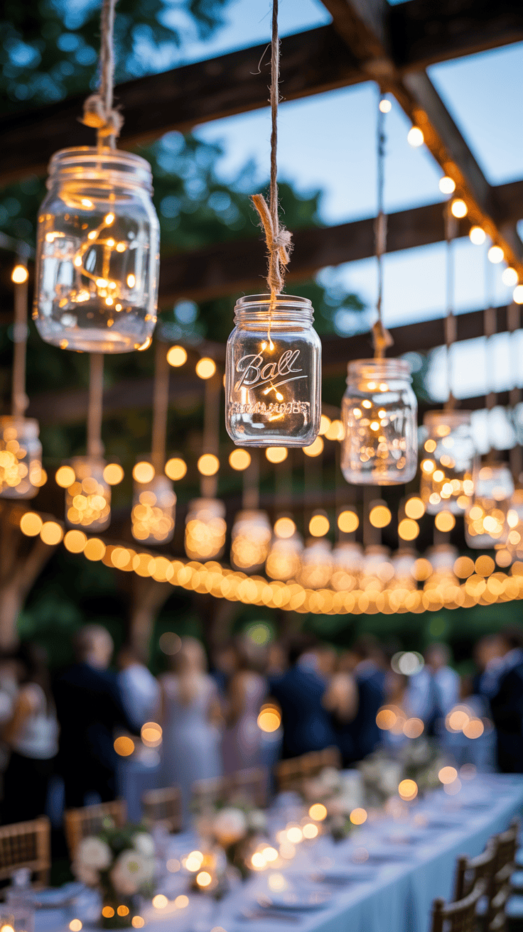 Mason jars with string lights hanging in a wedding setting