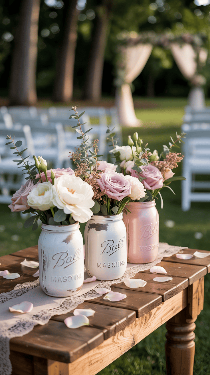 Floral arrangements in painted mason jars on a wooden table.