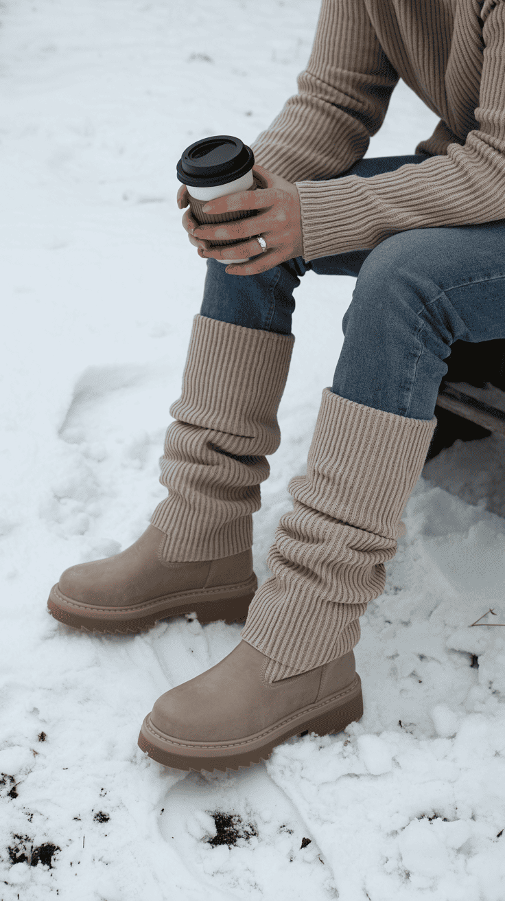 A person wearing slouchy knit tall boots in the snow, holding a coffee cup.