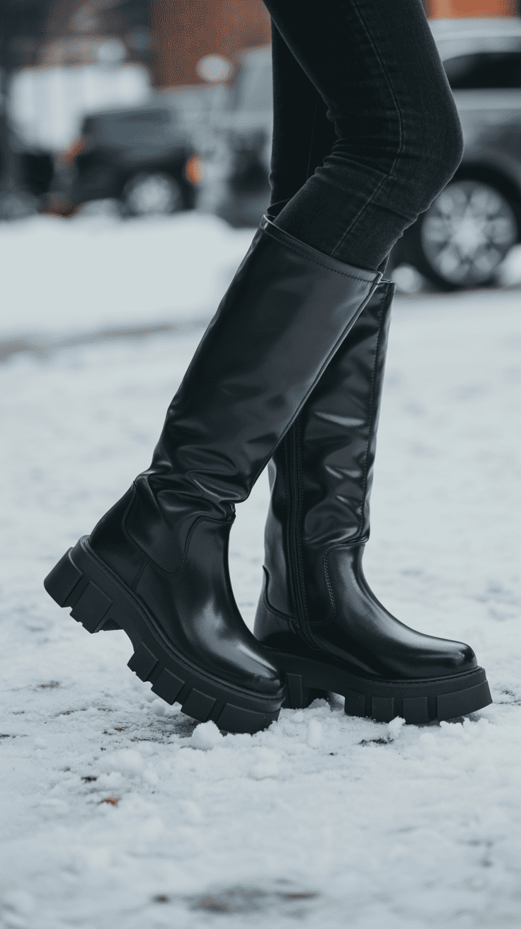 A pair of stylish chunky platform boots worn in a snowy setting.