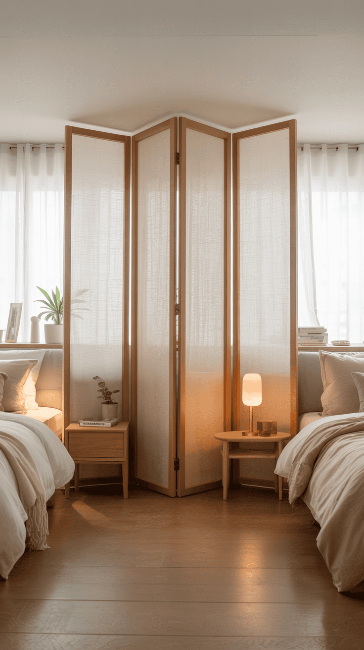 Neutral folding screen used as a divider in a shared bedroom.