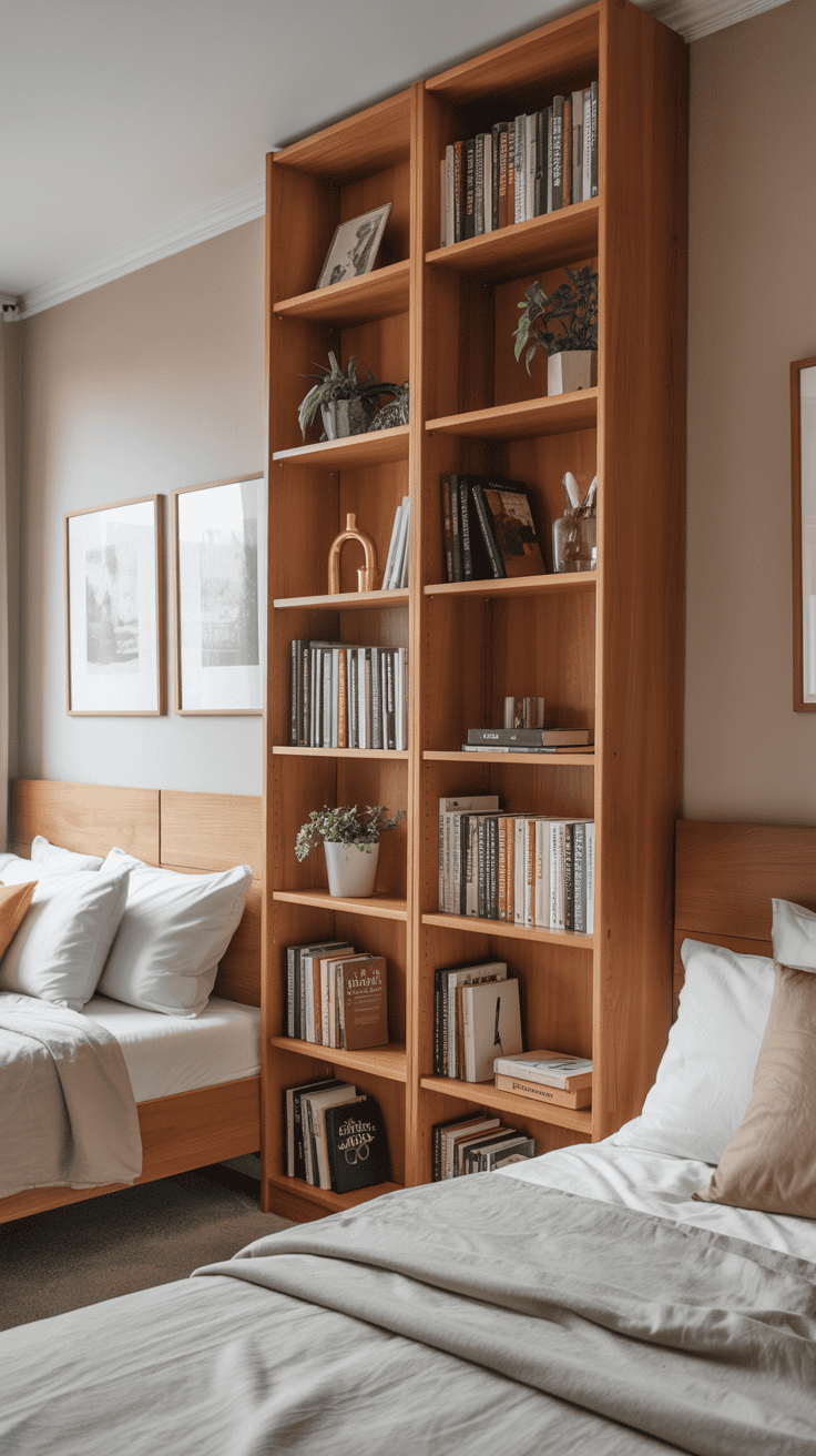 Open-back bookshelf used as a divider in a shared bedroom.