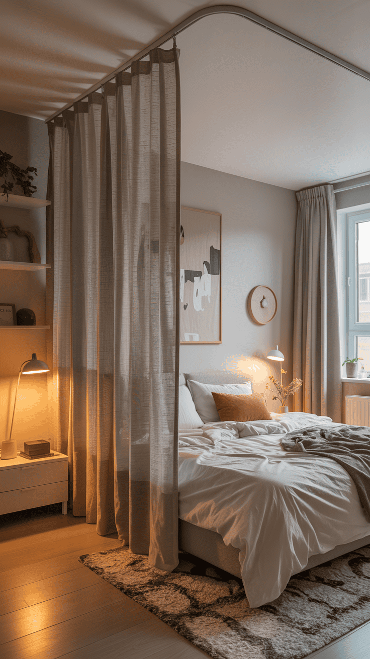 Ceiling-mounted curtain divider in a shared bedroom.