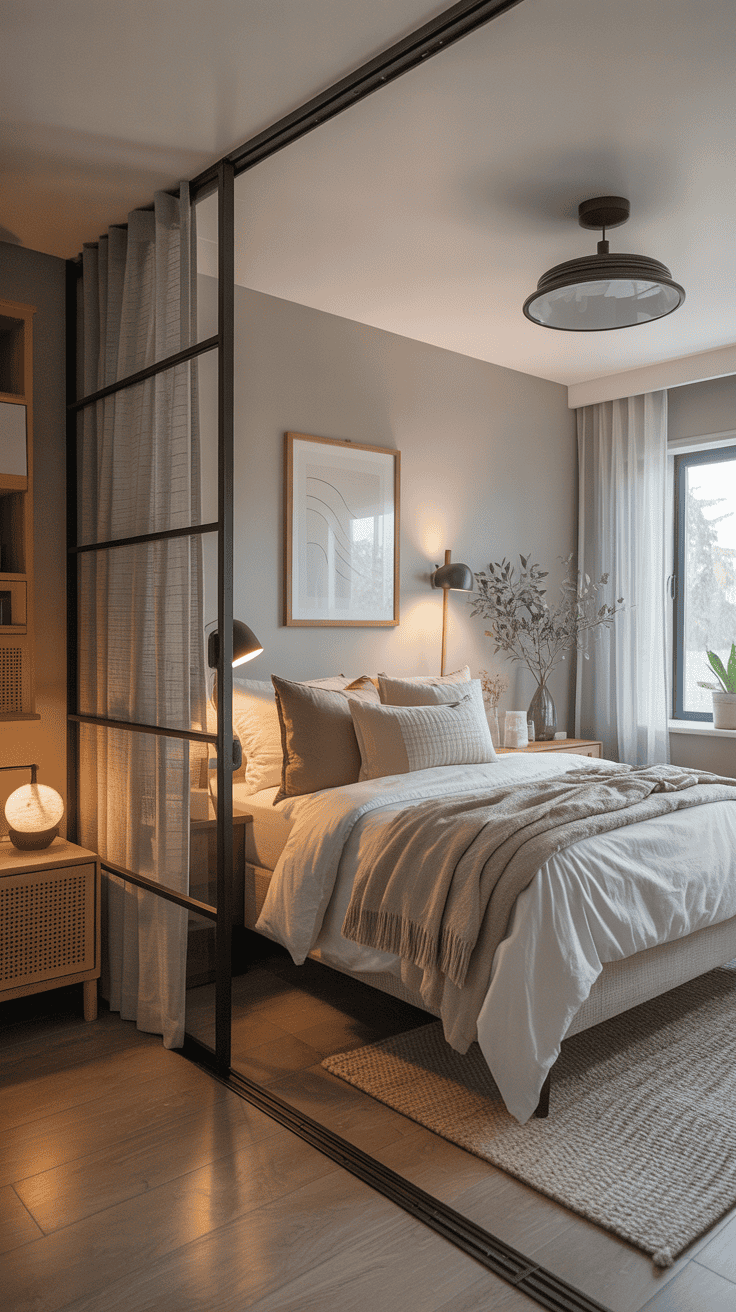 Sliding curtain panels used as a divider in a shared bedroom.