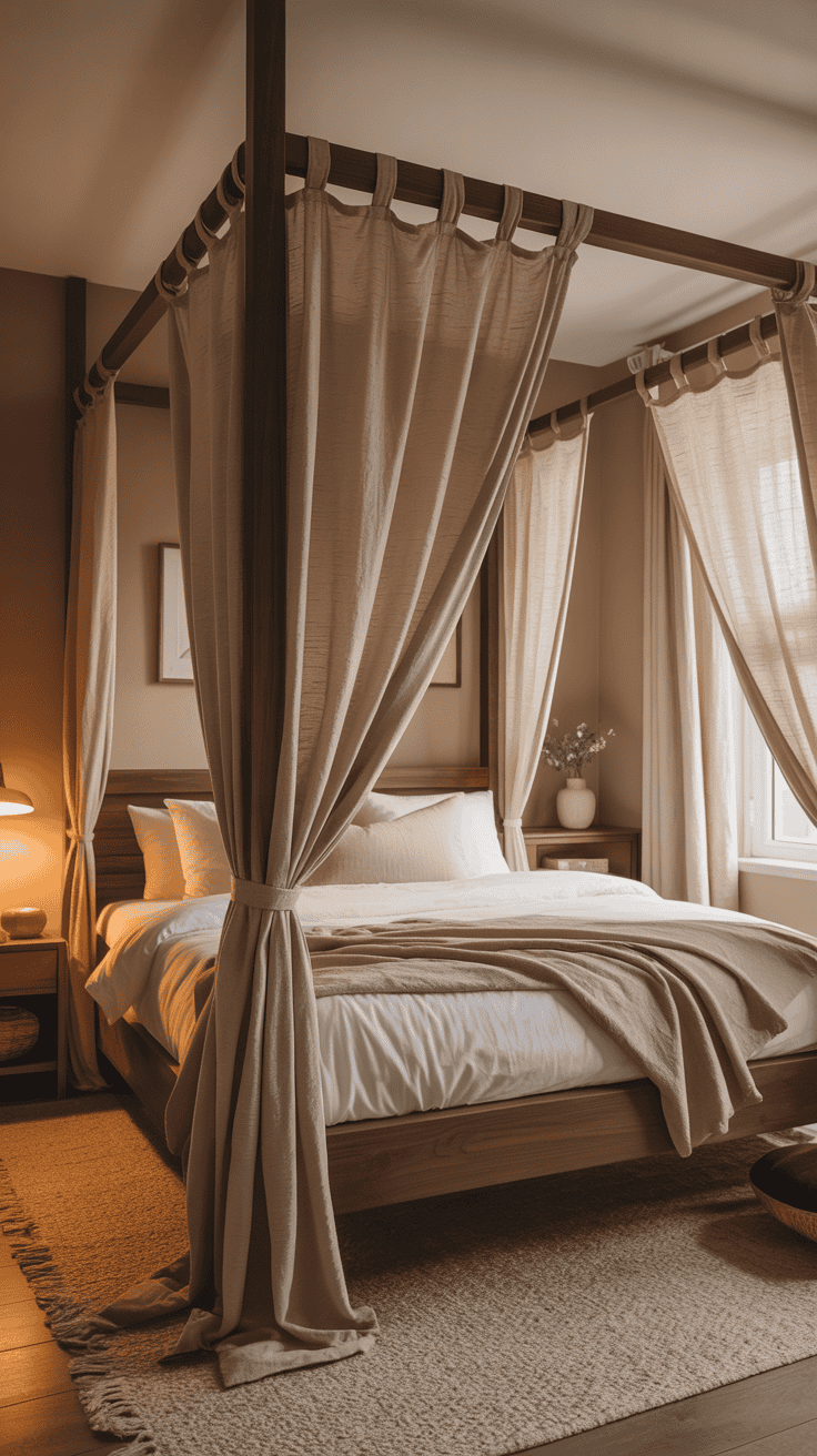 Canopy bed with privacy curtains in a shared bedroom.