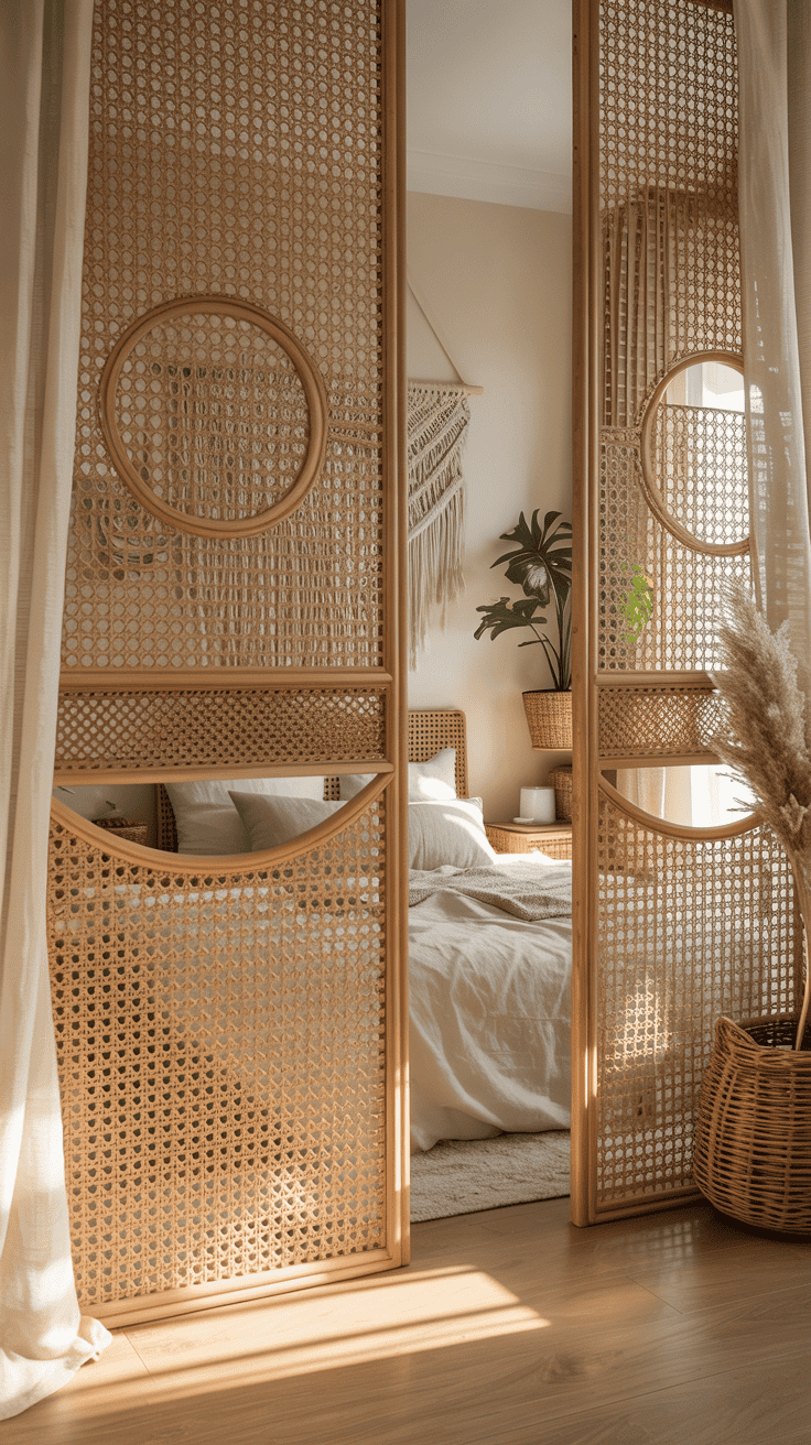 Rattan panel dividers in a shared bedroom.