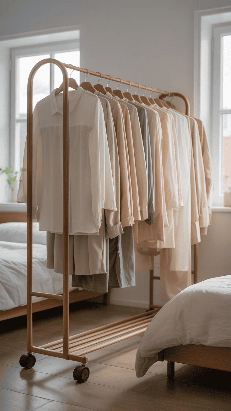 Clothes rack used as a divider in a shared bedroom.