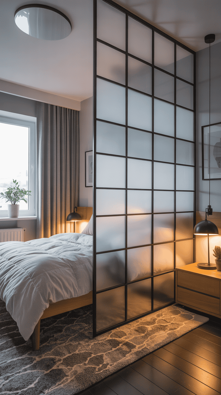 Frosted acrylic divider in a shared bedroom.