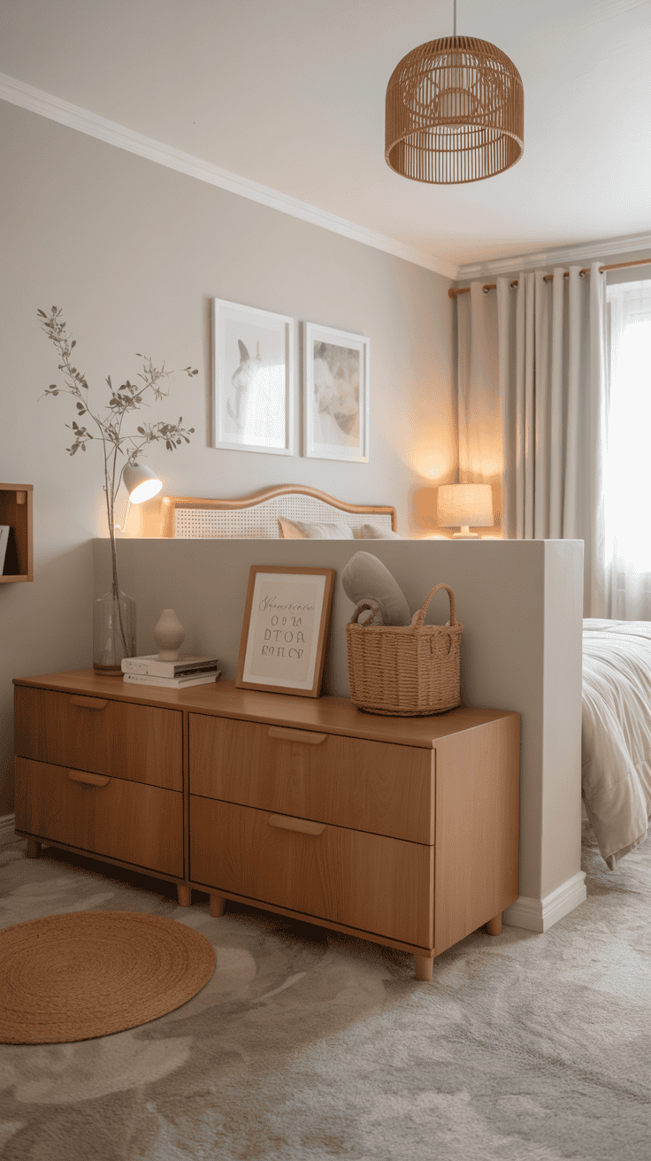 Low storage unit used as a divider in a shared bedroom.