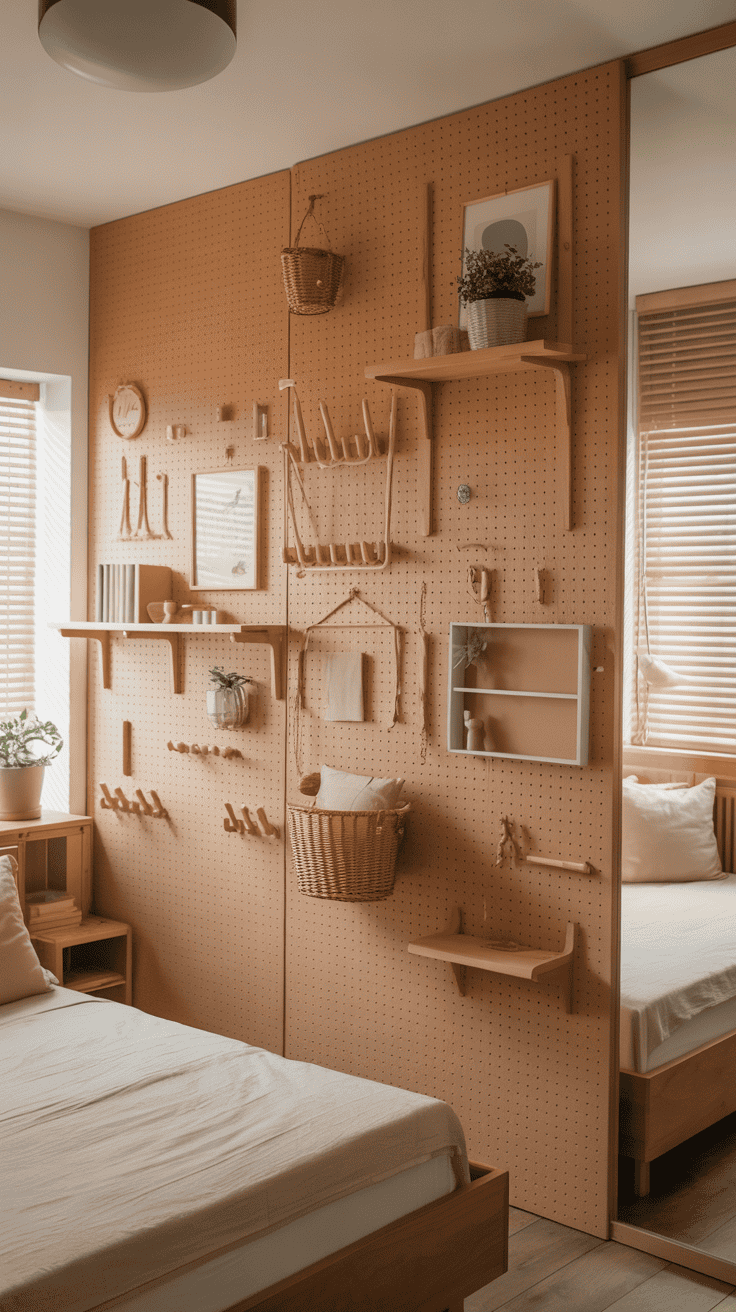 Pegboard divider used to create privacy in a shared bedroom.