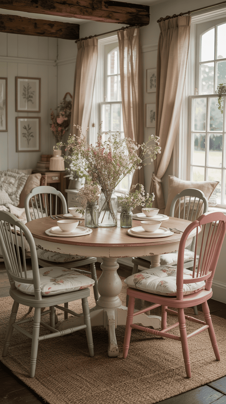 A cozy dining room featuring a soft pastel color palette with a round wooden table and elegant chairs.