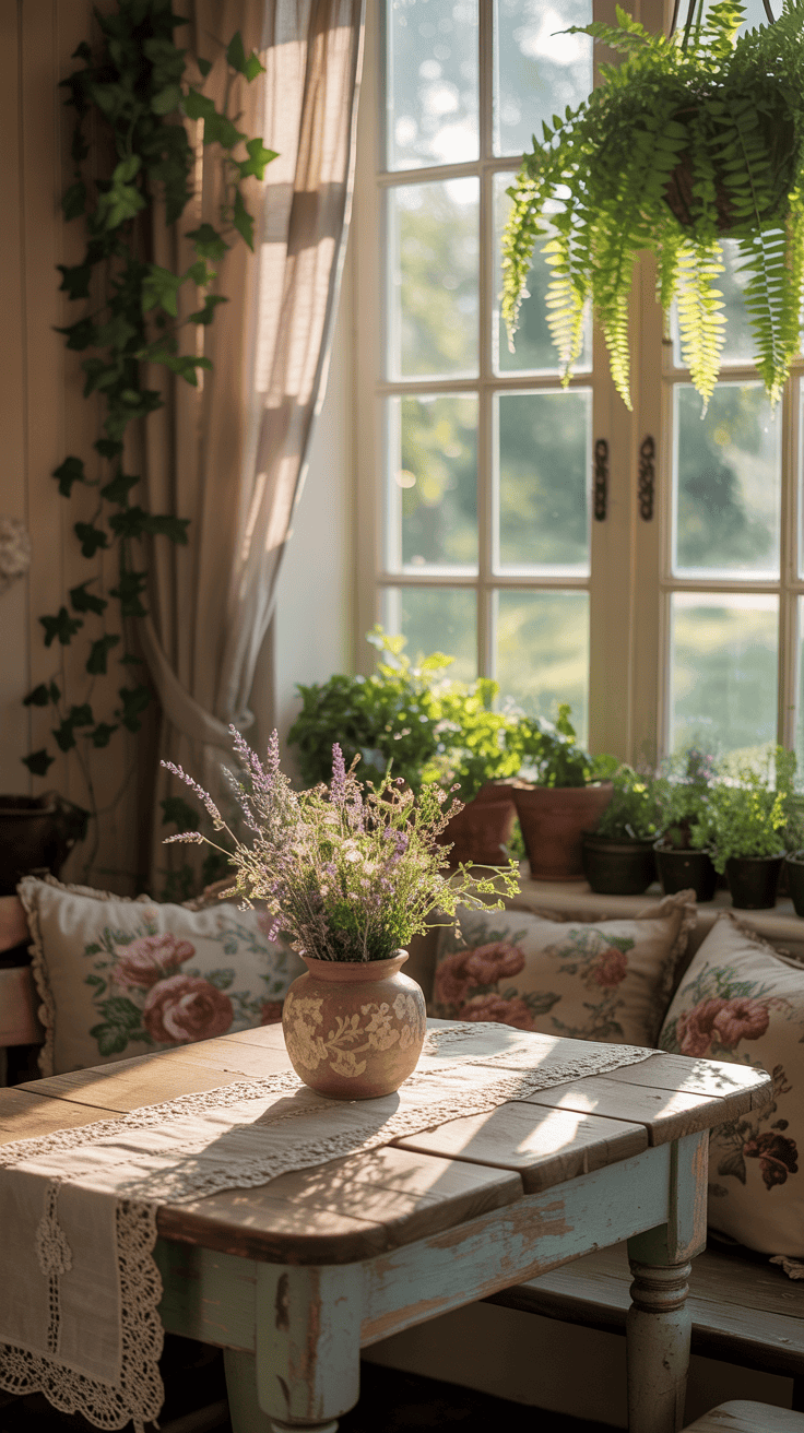 A cozy dining nook with a sunlit window, plants, and a wooden table.