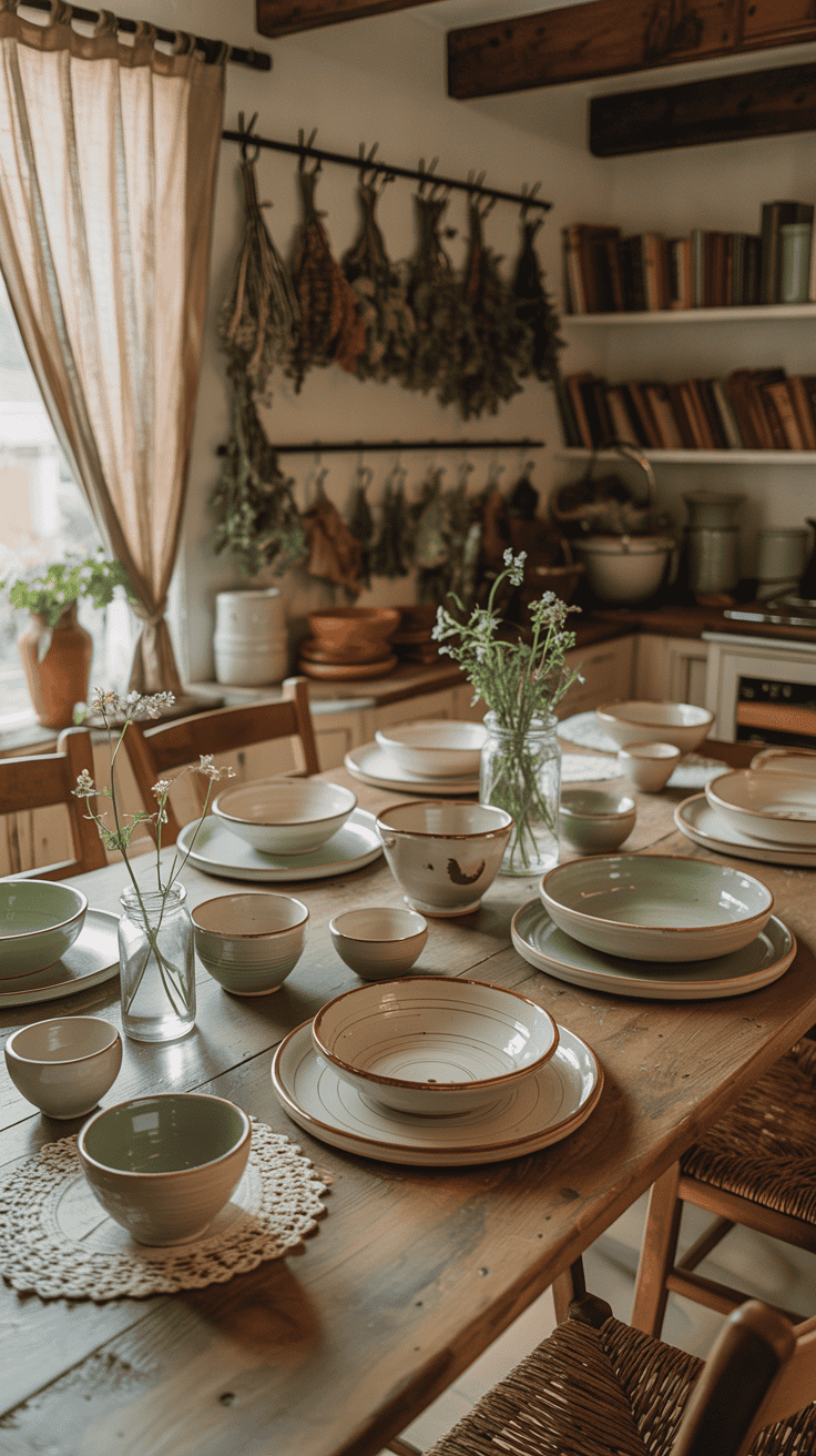 A collection of handcrafted pottery bowls and dishes on a dining table.