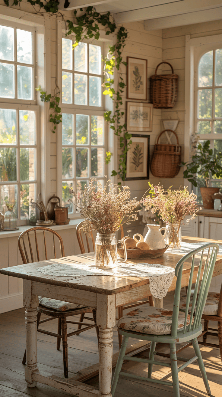 Bright dining room with large windows and wooden table.
