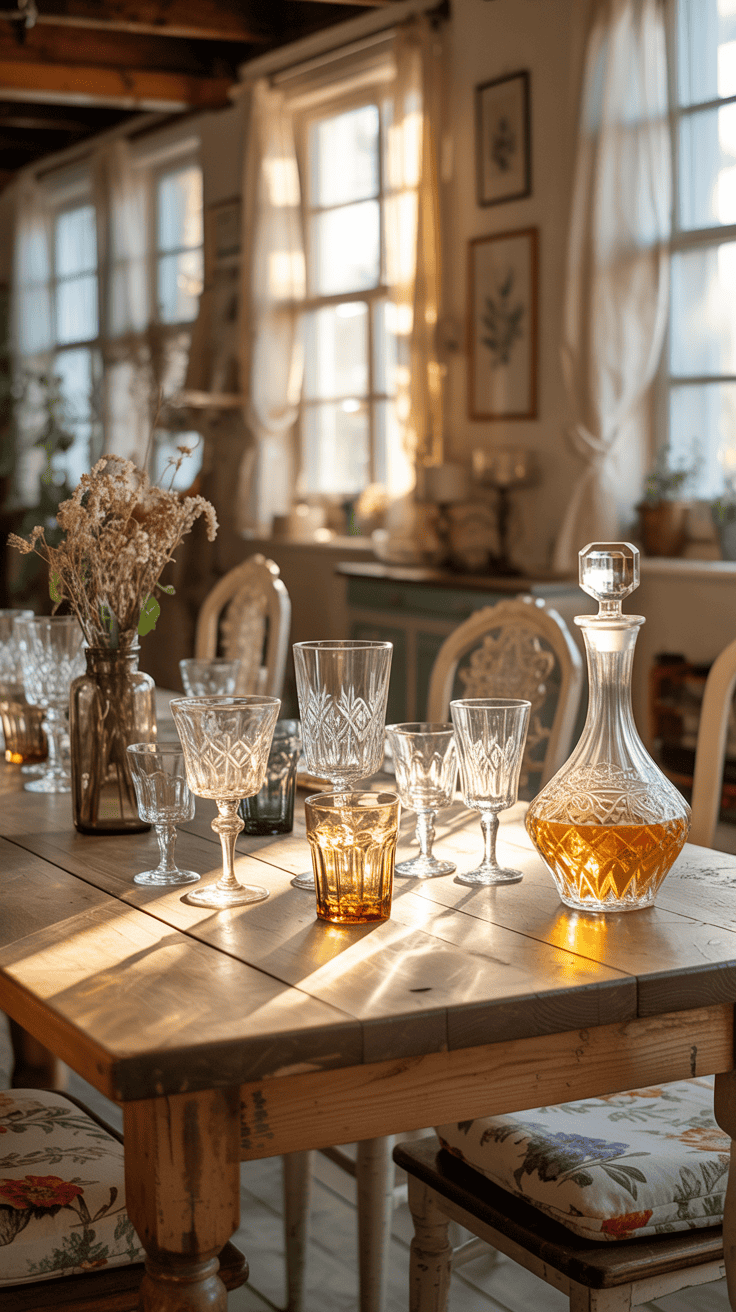 A collection of vintage glassware on a dining table, including various glasses and a decanter.