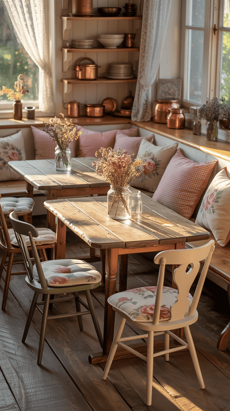 A cozy dining room with cushioned seating and wooden tables.