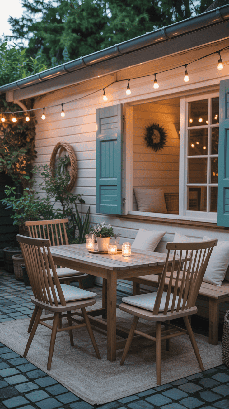 A cozy outdoor dining area with a wooden table, chairs, and string lights.