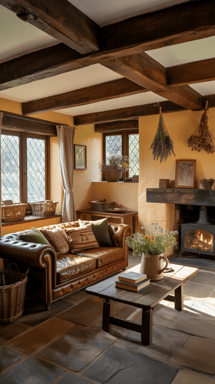 A cozy English cottage living room with natural decor elements.