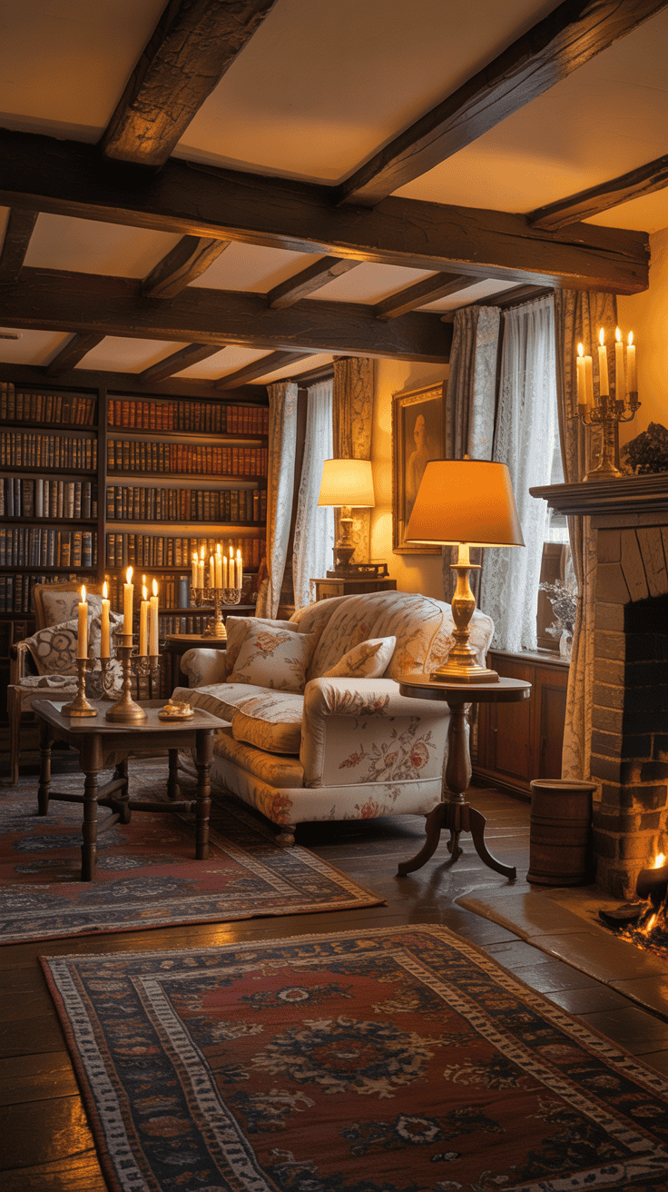 A cozy living room with soft lighting from lamps and candles.