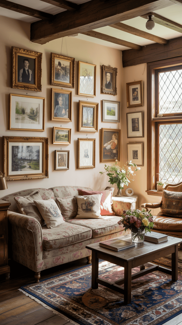 Cozy living room with a personalized gallery wall featuring various framed photos and art.