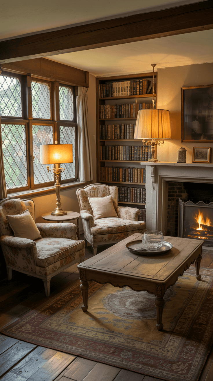 A cozy living room featuring vintage furniture accents, including a rustic coffee table and classic armchairs.