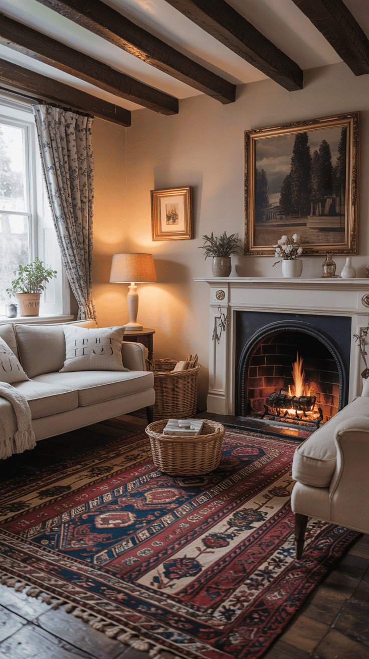 A cozy living room with layered rugs, featuring a fireplace and comfortable seating.