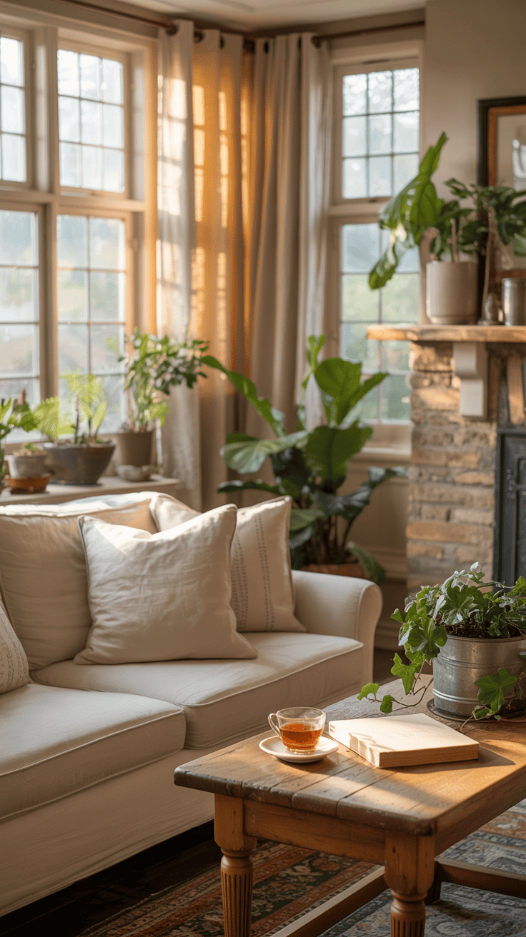 A cozy English cottage living room with warm neutral colors, featuring a comfortable sofa, wooden coffee table, and plants.