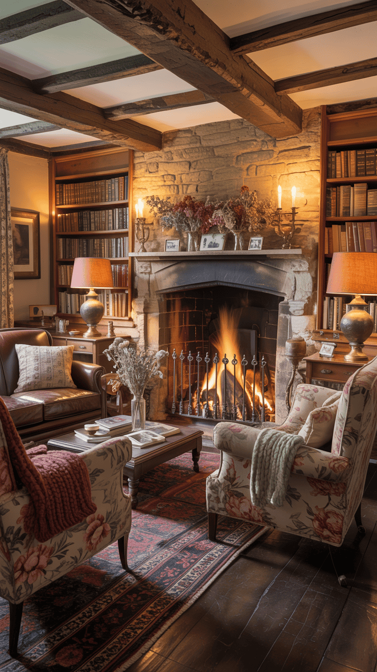 A cozy living room featuring a wooden fireplace with a warm fire, surrounded by comfortable seating and decorative elements.