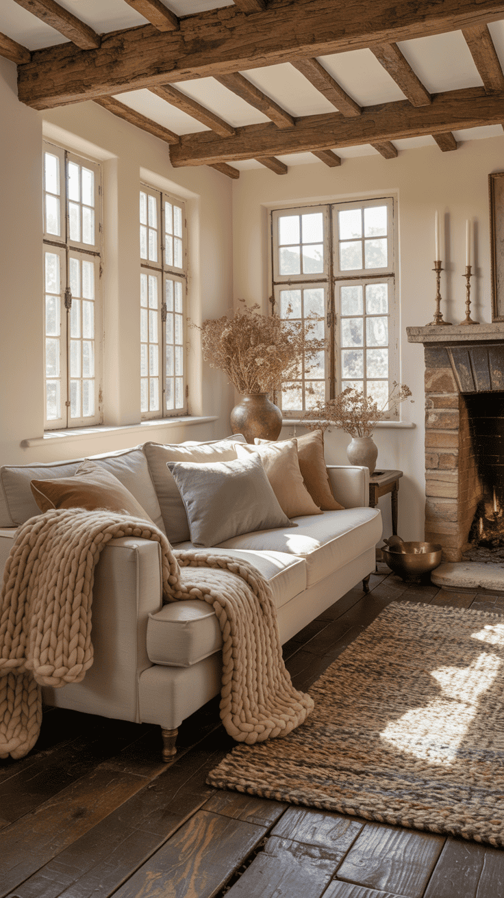 A cozy cottage living room featuring a soft sofa with textured cushions, a warm throw, and a woven rug.