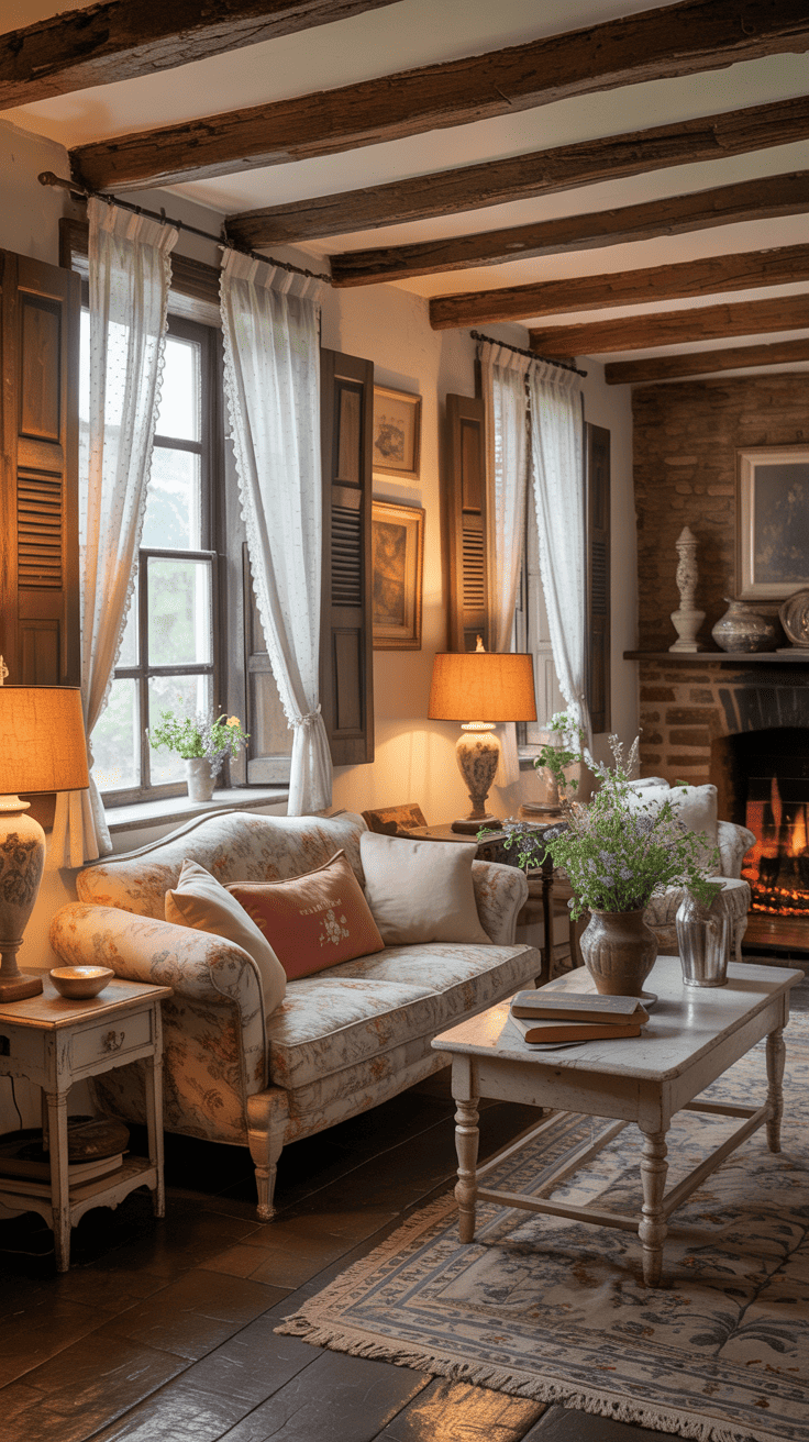 A cozy living room with lace curtains and wooden shutters, featuring warm lighting and a welcoming atmosphere.