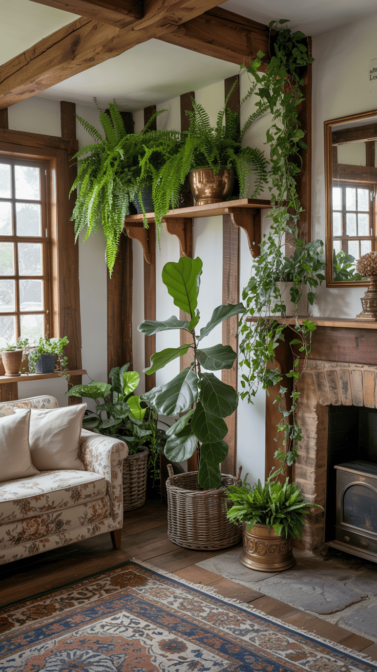 A cozy living room filled with various indoor plants, creating a fresh and inviting atmosphere.