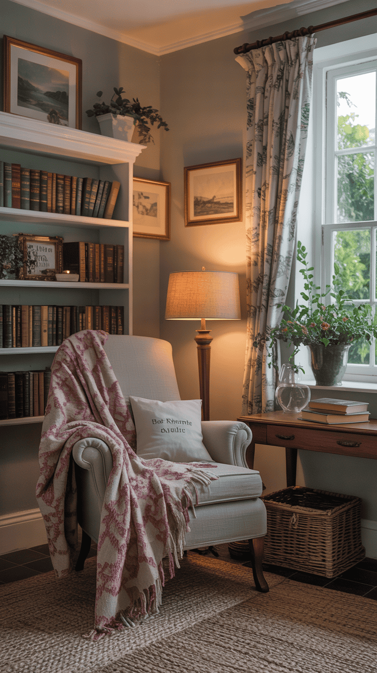 A cozy reading nook with a comfortable chair, a warm throw, and a small bookshelf.