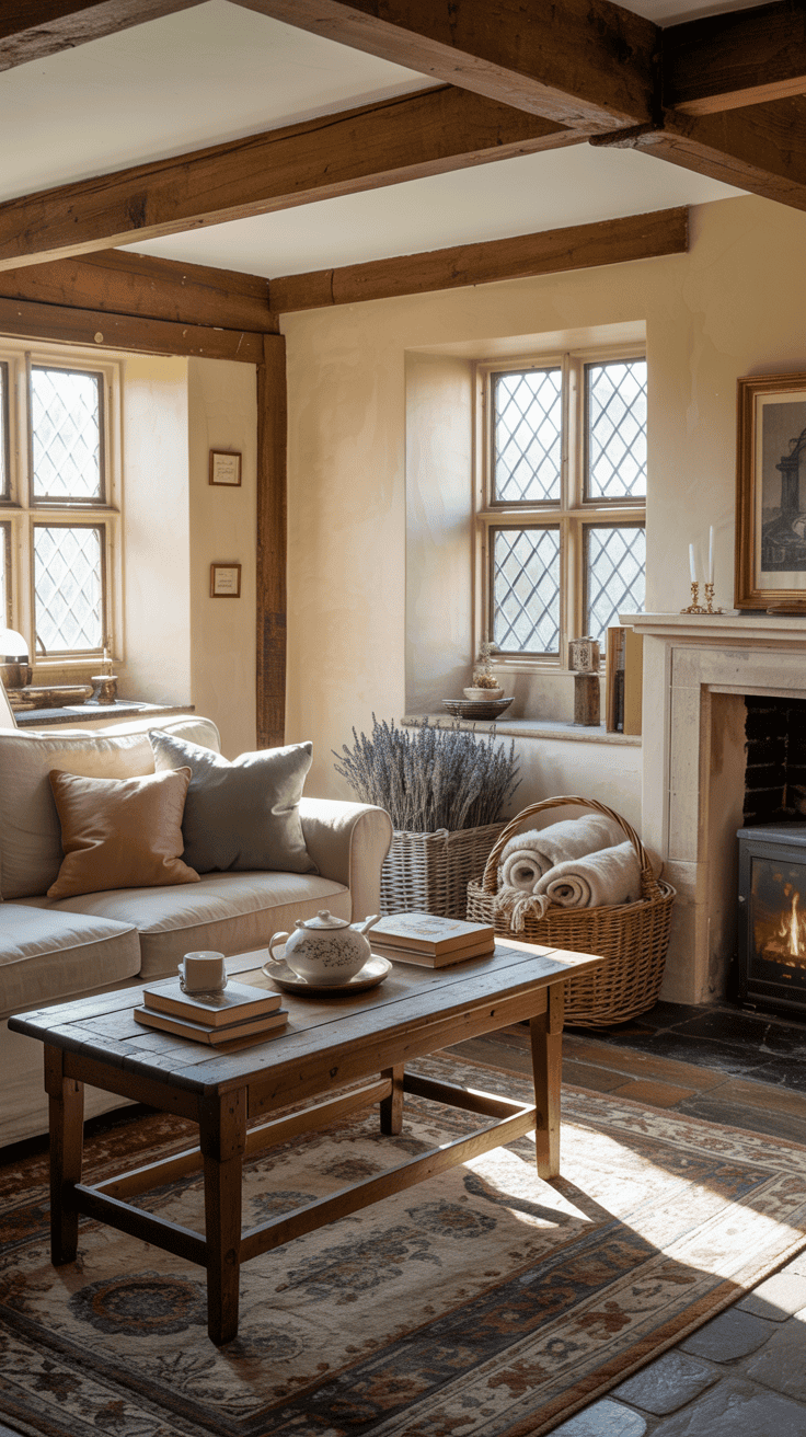 A cozy living room with rustic accessories, including woven baskets, a wooden coffee table, and soft pillows.