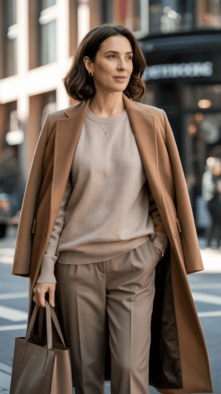 Woman wearing a camel coat, cashmere sweater, and slim trousers for an elegant winter look.