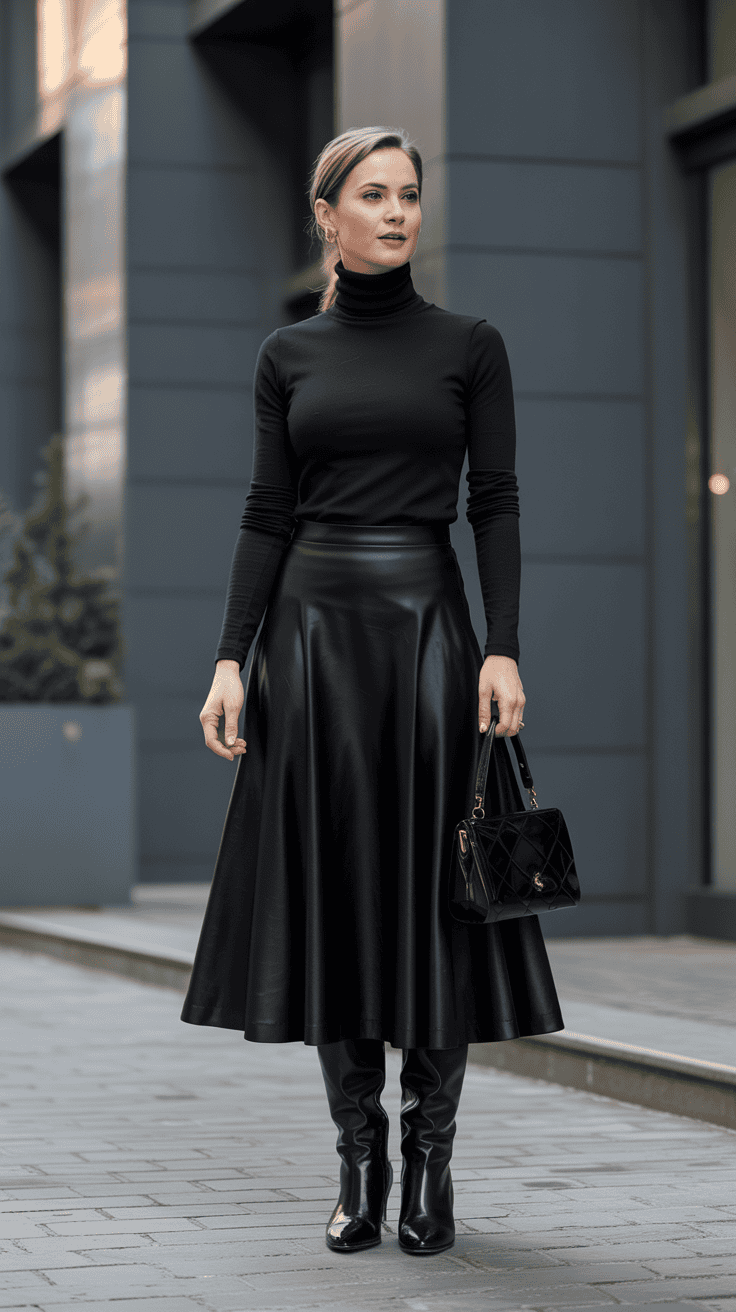 Elegant winter outfit with a black turtleneck, midi skirt, and knee-high boots.