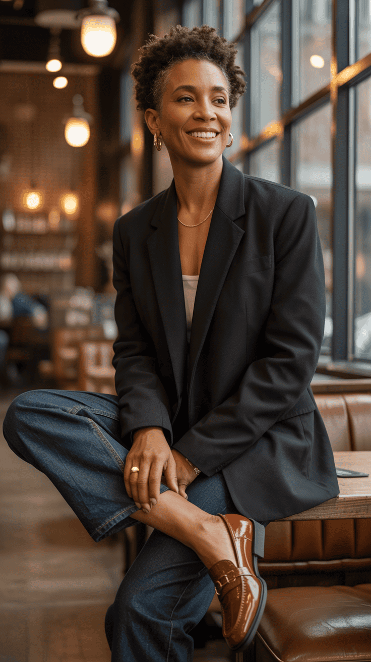 Woman wearing a wool blazer, straight-leg jeans, and loafers in a smart winter outfit.