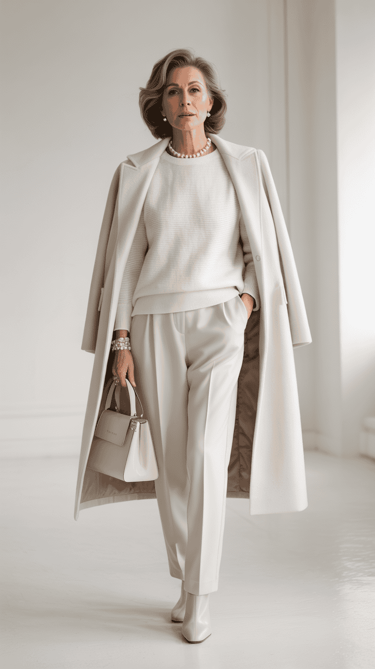 All-white winter outfit featuring ivory and cream pieces for an elegant look.