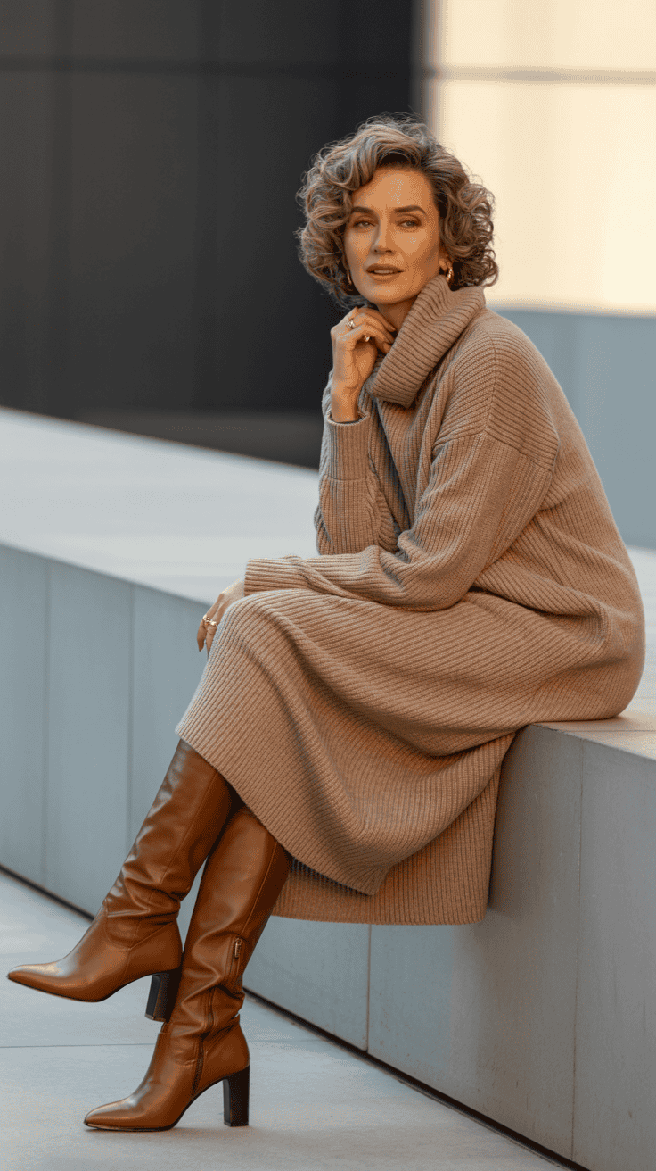 Woman wearing a chunky knit dress with tall heeled boots in a cosy winter outfit.