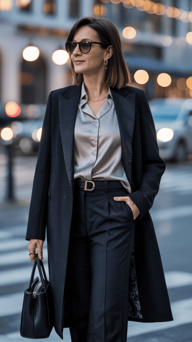 Elegant winter look with a black coat, silk blouse, and tailored pants.