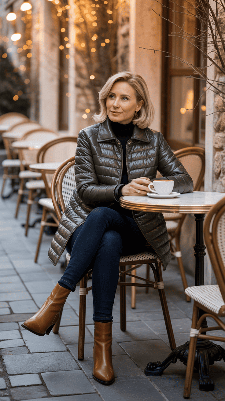 Woman wearing a quilted jacket, dark denim, and ankle boots for casual winter style.
