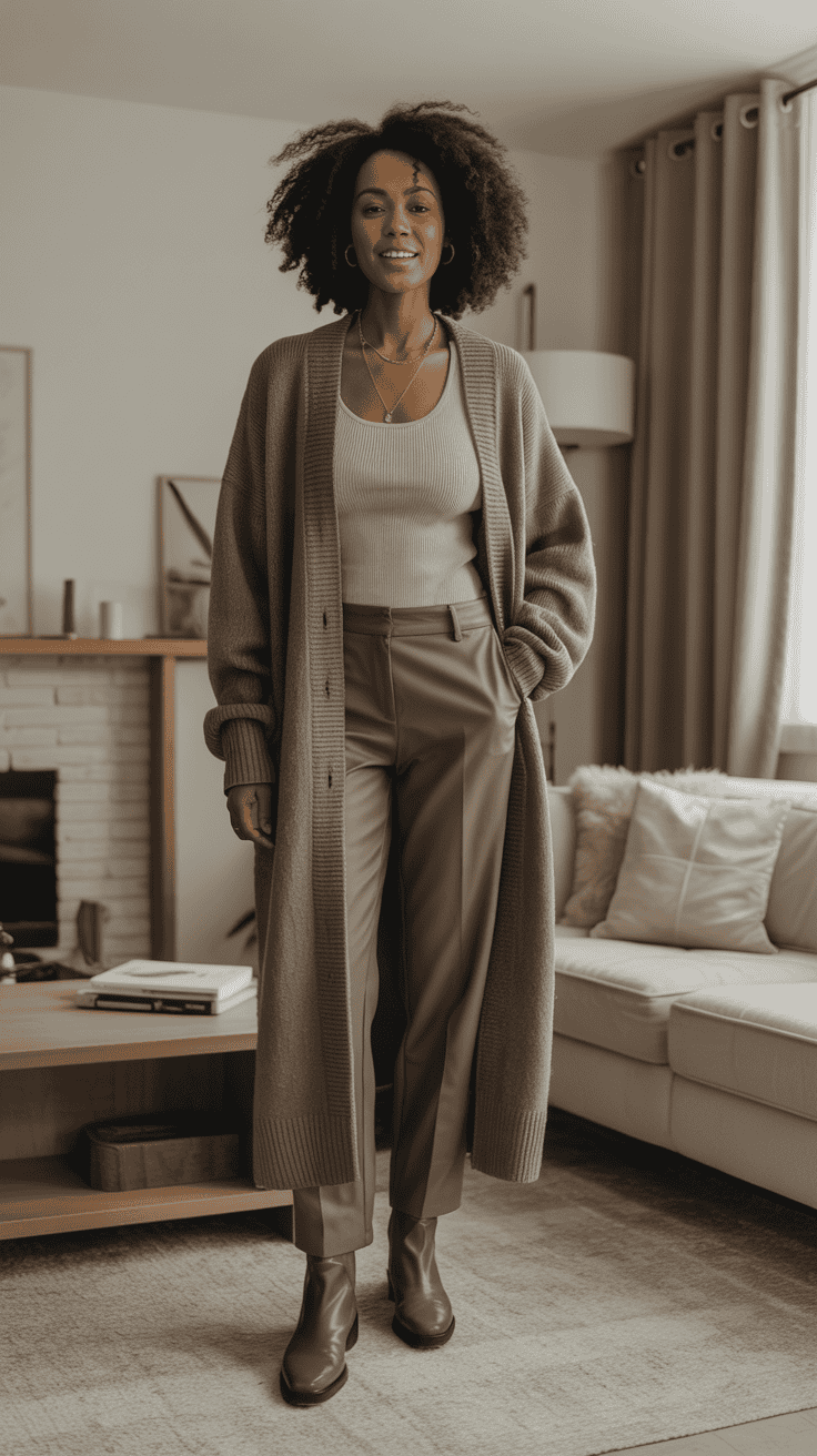 Winter outfit with a long cardigan coat, slim knit top, and leather boots.