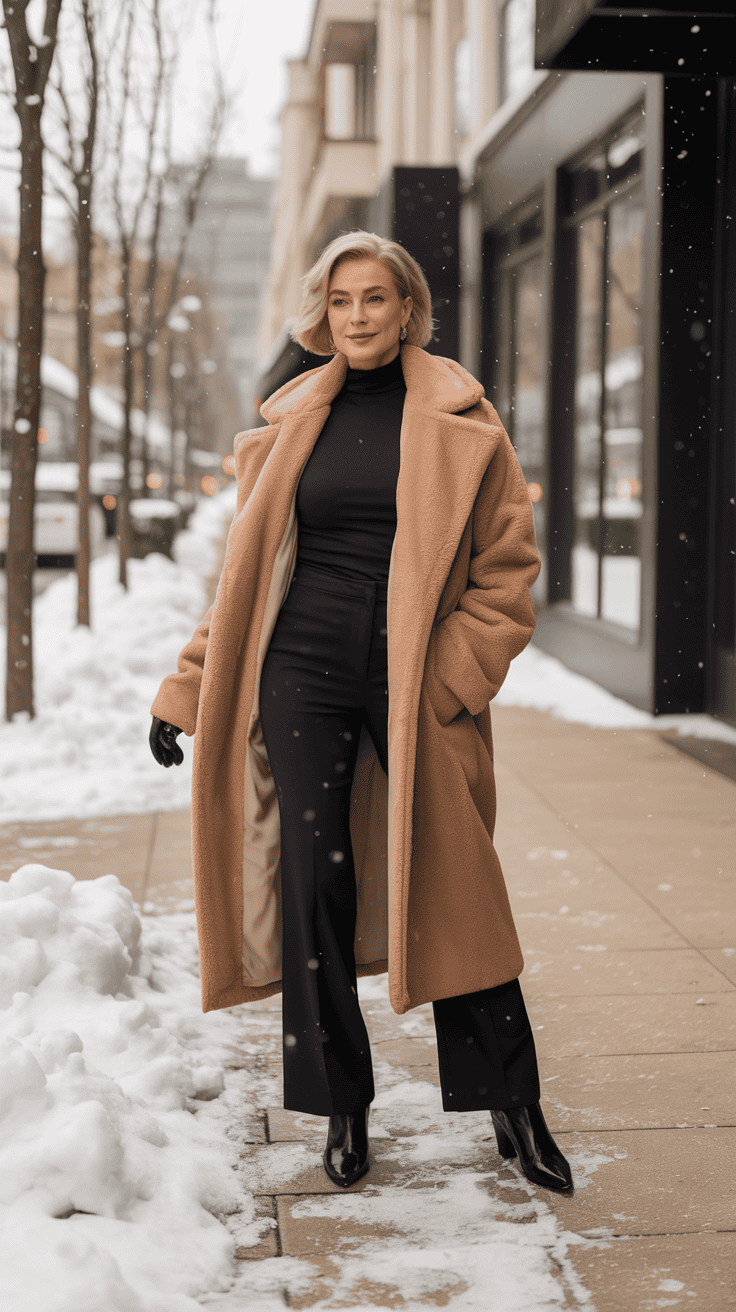 Woman wearing a teddy coat over an all-black winter outfit.